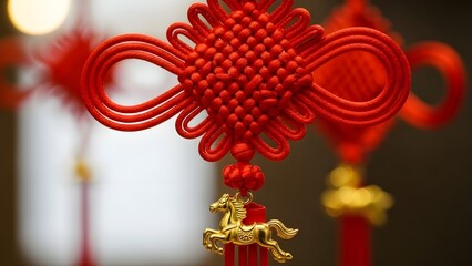 Traditional Chinese Mystic Knot with Gold Horse Charm