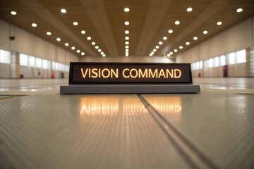 An illuminated electronic LED display board with the text VISION COMMAND glowing brightly in a large indoor hall
