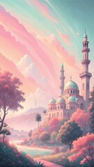 A pink landscape with a grand mosque, green domes, and a serene river.