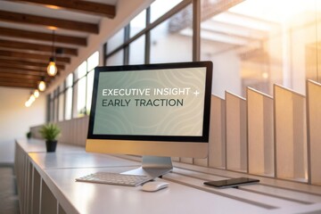 Computer monitor displaying executive insight and early traction data on a modern office desk with natural light.
