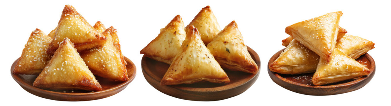 Set of Briouat triangular fruit filled pastries, phyllo pastries filled with meat or almonds on white, Arabic sweet desserts