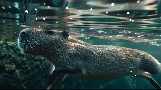 A capybara swims underwater near a rocky surface with plants and bubbles rising to the surface in a serene natural environment.
