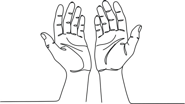 One continuous single drawing line art flat doodle hands in prayer, religion, person, god, pray, spirituality, worship. Isolated image contour on a white background, hand drawn. 