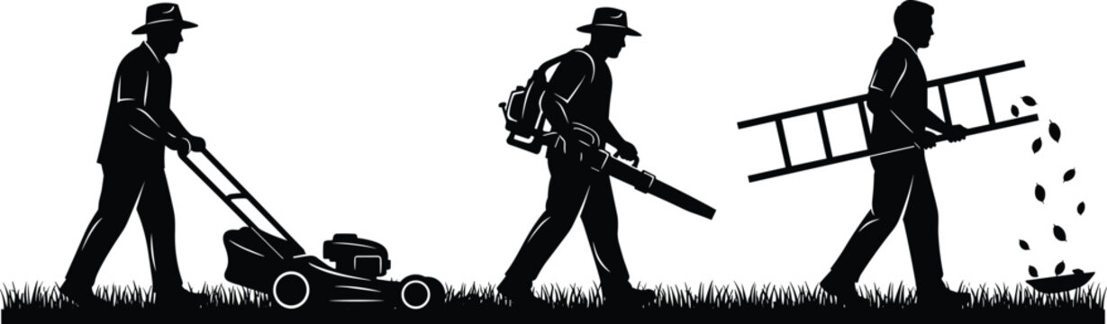 Black landscaping silhouettes set with workers using lawn mower leaf blower and carrying ladder on grass isolated on white background