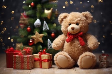 Teddy bear sitting on wooden table with wrapped gifts near festive christmas tree with lights
