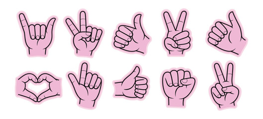 Vector Set of Icons illustrating hands and gestures, simple linear hand drawings, modern minimal art style, poster and logo templates, print design graphics, and social media sticker illustrations.