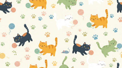 Fototapeta premium Whimsical cats play with yarn balls on cream background