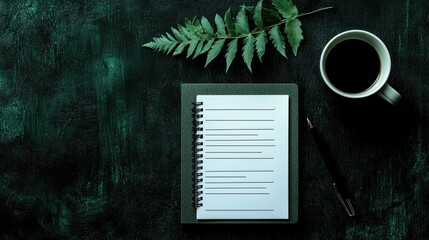 A workspace featuring a notebook, coffee cup, and fern.