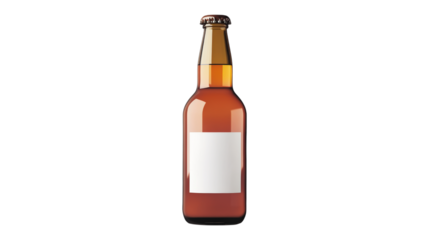 A bottle of beer with a white label, isolated on a transparent background
