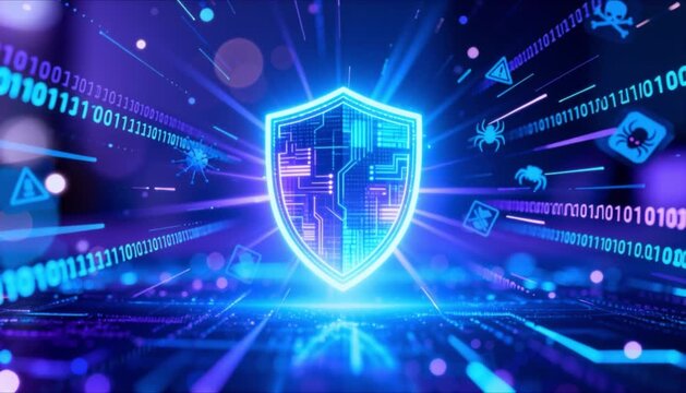 A glowing digital shield defending against cyber attacks with a soft bokeh background, perfect for data privacy day