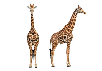 Obraz premium Two giraffes standing on transparent background, showcasing their unique spots and long necks in a natural and peaceful setting