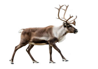 A reindeer with large antlers walking on a transparent background