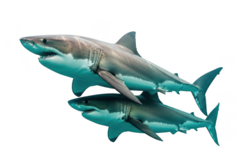 A shark swims in the water with its reflection visible on a transparent background