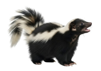 A skunk standing on a transparent background with its mouth open and tail raised