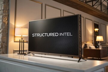 Modern flat panel display showing "STRUCTURED INTEL" supported by a sleek metal frame in an elegant setting