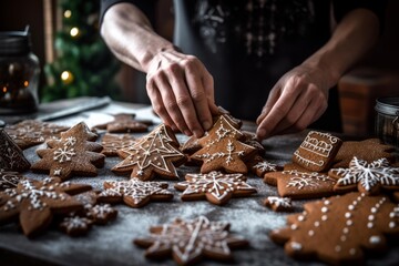 Hands arranging decorated gingerbread cookies on a dark surface, celebrating holiday baking traditions
