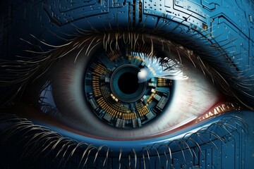 Close up of a cybernetic eye blending technology and human anatomy in a futuristic design