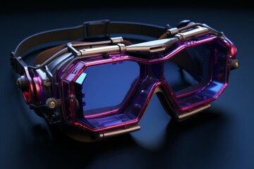 Futuristic goggles with intricate design and glowing elements rest on a dark surface, bathed in a soft blue light