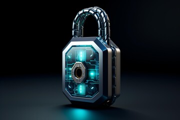 Futuristic padlock with glowing lights symbolizes cybersecurity and data protection in digital world