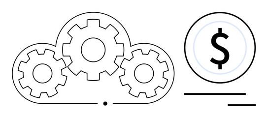 Business strategy, cloud services, digital solutions, finance integration, technological processes, automation. Cloud gears and dollar sign. Cloud services and finance integration concept