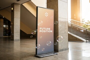 Vertical banner with 'FUTURE POSITION' text and translucent shapes in a modern corporate lobby environment