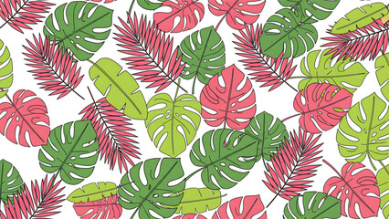 Fototapeta premium Vibrant tropical leaves pattern with green and pink hues