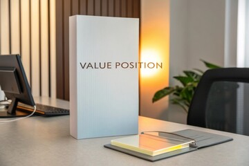 Vertical screen displaying 'VALUE POSITION' text in a modern office setting with warm lighting and desk accessories