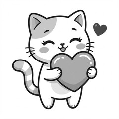 Adorable Cartoon Cat with a Pink Heart, Kawaii Style Mascot for Love and Friendship