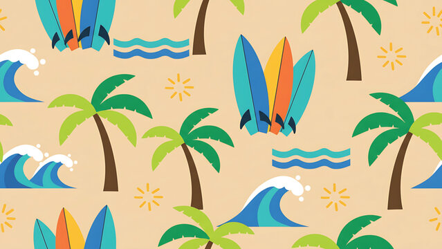 Vibrant tropical beach pattern with surfboards and palm trees