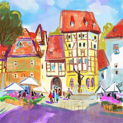 Hand drawn city in France. Procreate illustration. 