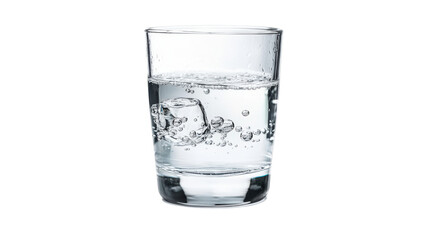 A glass of water is sitting on a white background