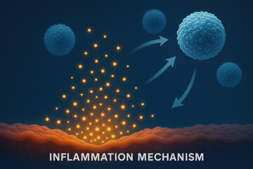 Scientific illustration of an inflammation mechanism. This medical biology concept shows an immune response with cell traveling through extracellular space toward target