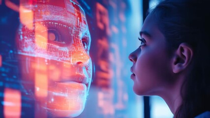 Healthy mother and child exploring technology and innovation together while engaging with digital displays in a modern, vibrant environment during the afternoon - Powered by Adobe