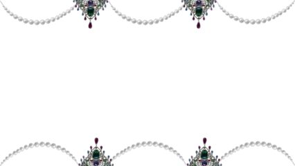 Luxurious decorative border featuring lustrous pearls and sparkling gemstones. Ornate graphic element perfect for elegant invitations, certificates, and sophisticated design