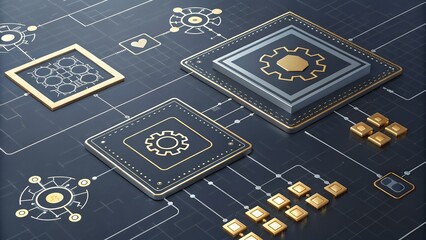 Digital infrastructure with interconnected processors and data pathways, advanced technology network, futuristic computing systems, seamless information flow, AI Generated