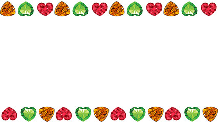 Seamless border of colorful heart-shaped gemstones in a decorative pattern