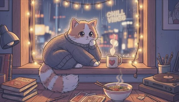 lofi cartoon cat at window anime comics artstyle cozy chill mood