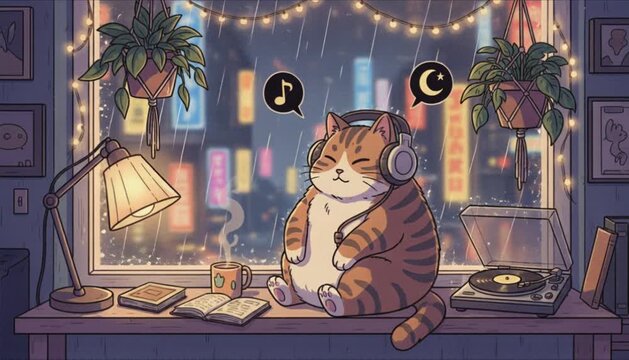 lofi cartoon cat at window anime comics artstyle cozy chill mood