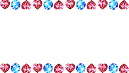 Watercolor illustration of a decorative border with sparkling red heart and blue round gemstones, forming an elegant frame on a white background for romantic invitations