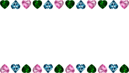 Sparkling border featuring heart-shaped pink, blue, and green gemstones. Elegant frame for romantic messages, invitations, and heartfelt celebrations
