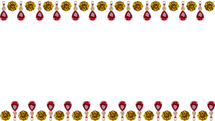 Decorative Border Featuring Red Gemstones and Golden Floral Ornaments on White Background