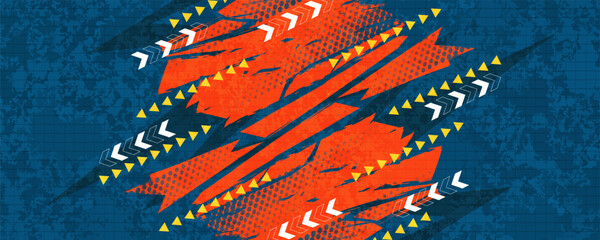 Abstract Grunge Background with Orange Brush Strokes, Arrow Shapes, and Halftone Pattern. Energetic Background for Sports Event Banner or Poster Design