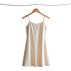 Minimalist cream colored camisole dress hanging on a wooden hanger with clean lines