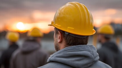 Construction workers wearing yellow hard hats observe the sunset over an industrial site