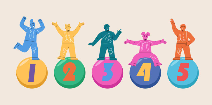 Happy boy and girl standing on number. Colorful vector illustration