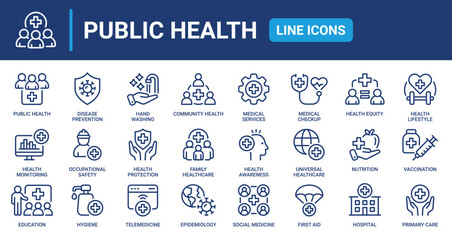Public Health Line Icon Set featuring Healthcare, Disease Prevention, and Community Medicine Symbols