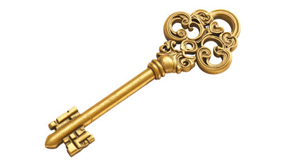 A gold key with a flower design on it, isolated on a transparent background