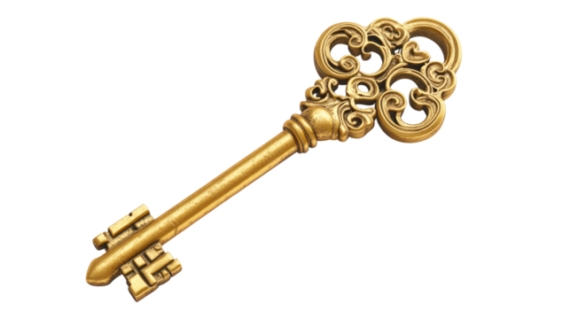 A gold key with a flower design on it, isolated on a transparent background - Powered by Adobe