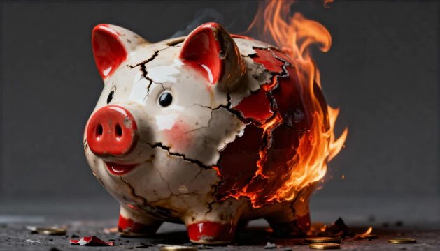 flaming piggy bank representing financial crisis debt and investment downfall perfect for financial wellness month
