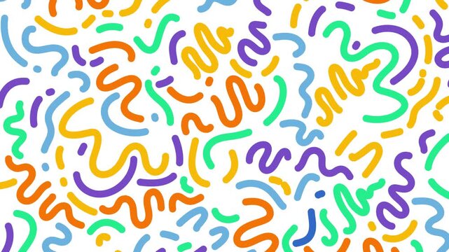 Colorful abstract pattern of squiggly lines in various bright colors on white background
